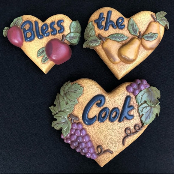 Vintage Home Interiors “Bless The Cook” 3 Plaques - Hearts Grapes Apples Pears - Picture 2 of 10